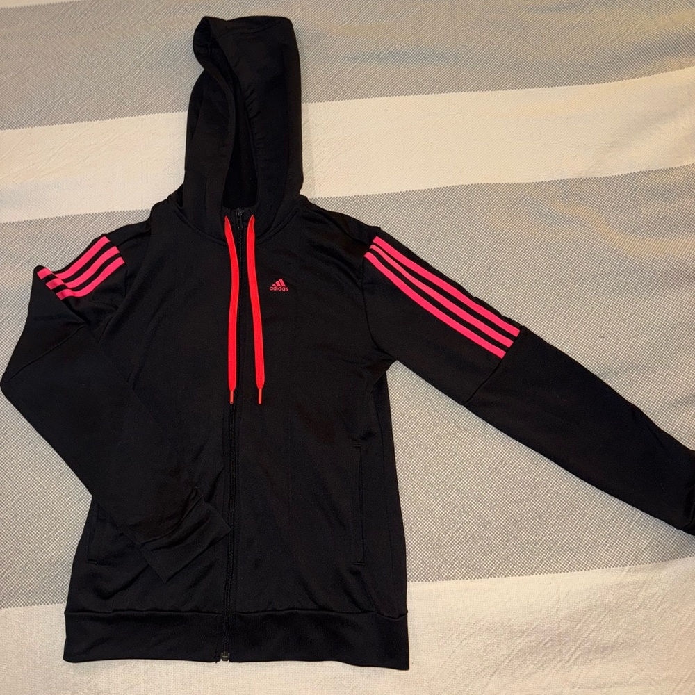 Adidas track jacket with pink stripes and a drawstring hood